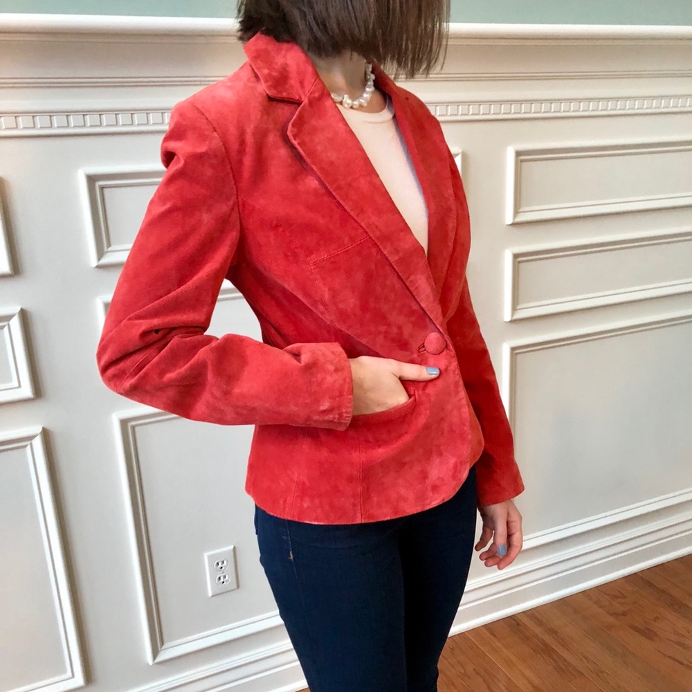 Vibrant coral suede blazer, size S, fits like a 2
